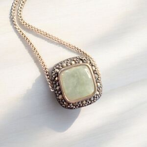 Vintage 16" Sterling Silver 925 Vtg Jadeite Marcasite Gemstone Square Solid Ster